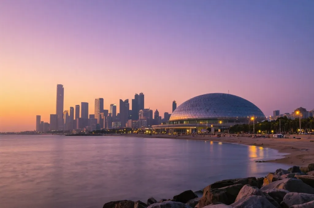 现代化海滨城市天际线，黄昏时分，远处的体育馆与城市灯光相映生辉